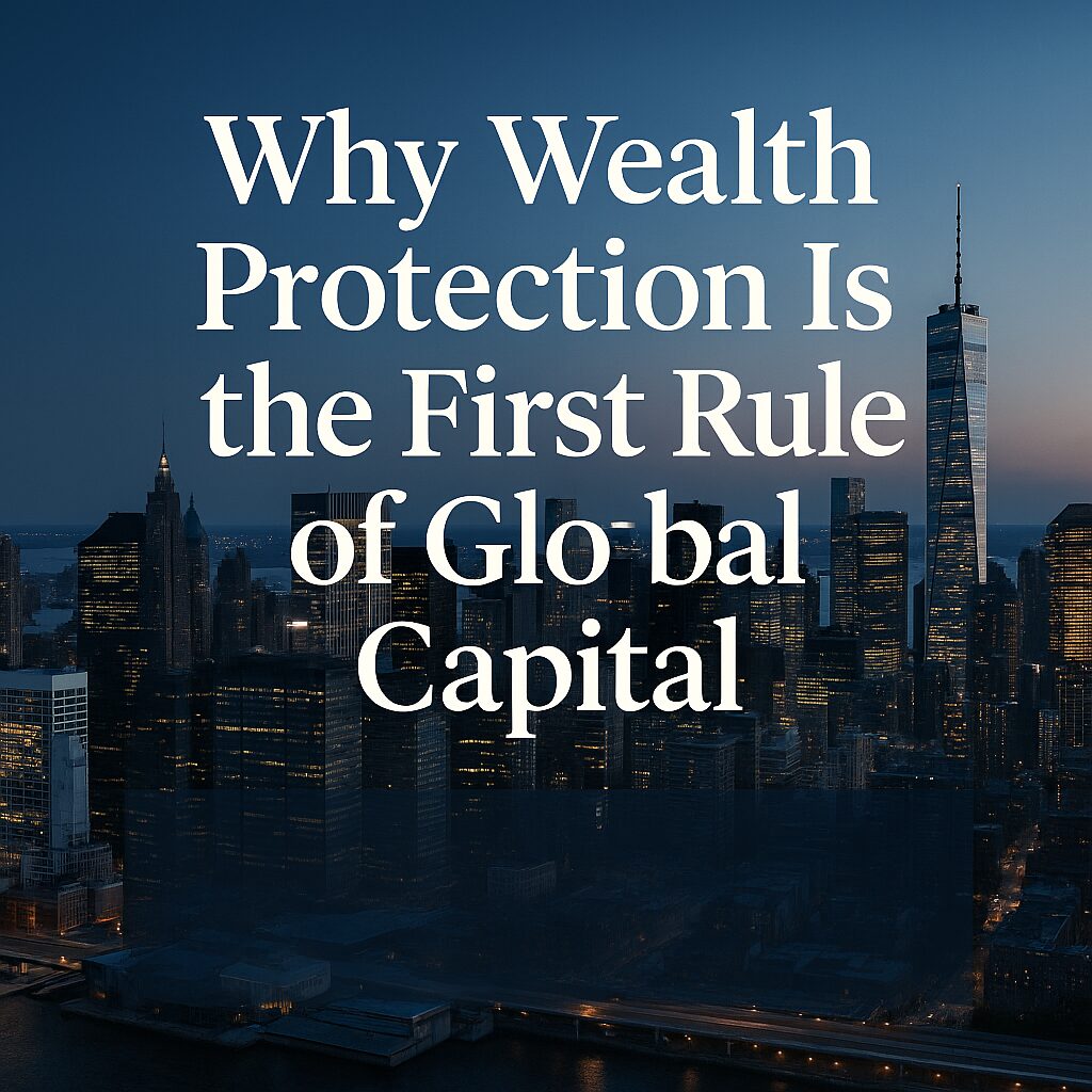 Global wealth protection concept with modern international finance skyline and premium headline overlay