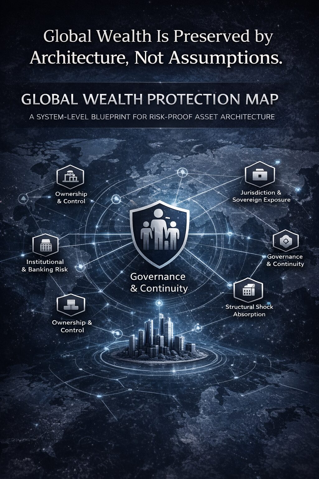 A premium, system-level blueprint illustrating how global capital engineers durable wealth protection through layered legal, jurisdictional, and governance architectures designed to absorb risk and preserve control.