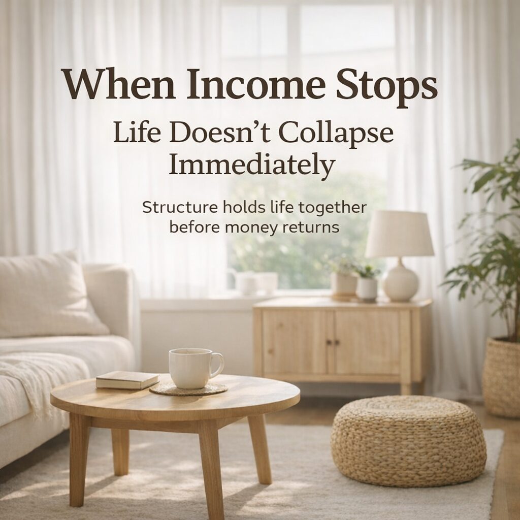Calm living space symbolizing stability and resilience when income stops and structure holds life together