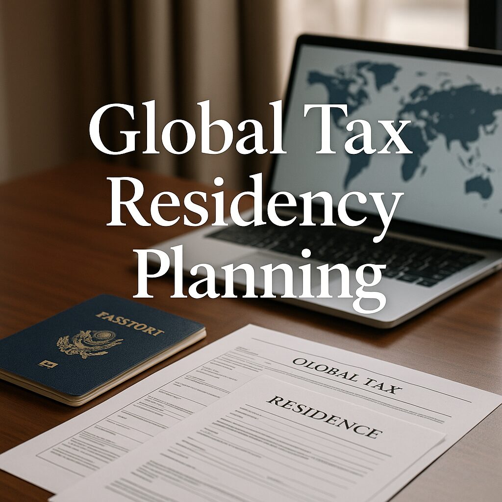 High-end photo of international residency documents and global tax planning materials on a modern executive desk.