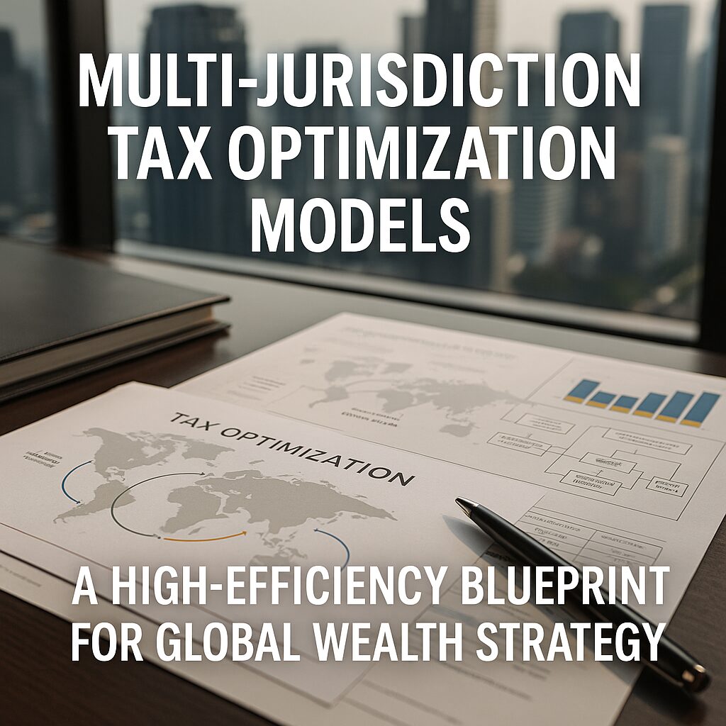 A financial desk with global tax optimization documents showing multi-jurisdiction wealth structures and cross-border tax efficiency models