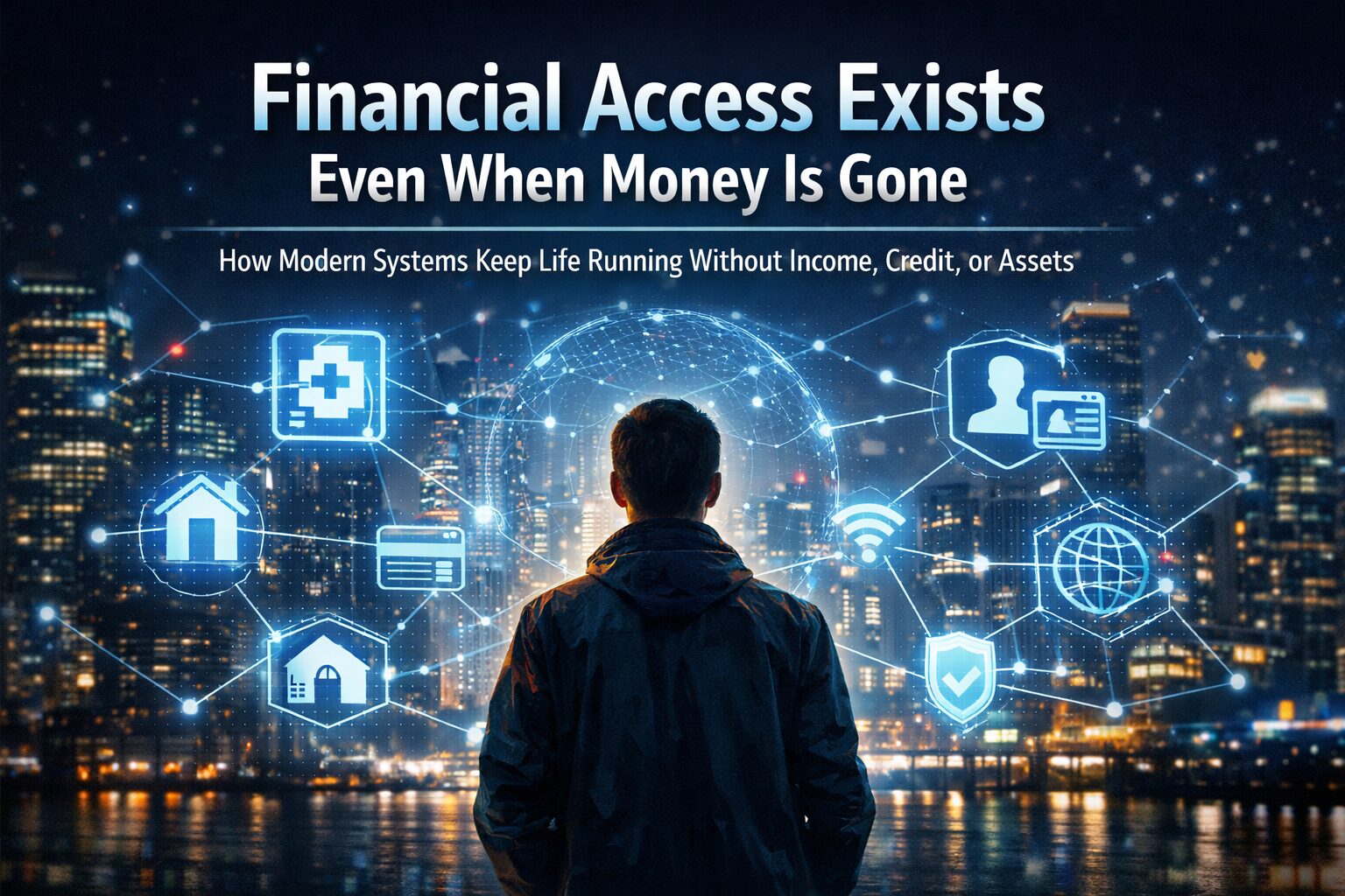A person surrounded by glowing financial and social systems showing how access to housing, healthcare, and services continues even without money or income.