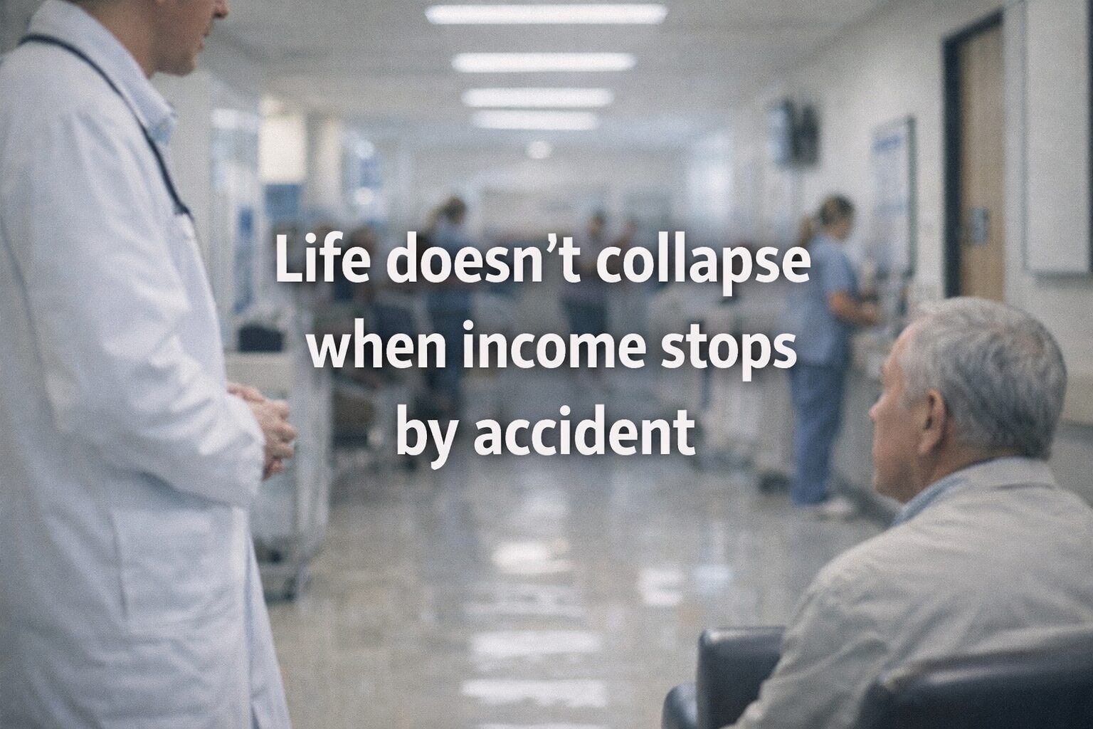A Western hospital corridor showing a doctor and an elderly patient, illustrating how modern systems protect life continuity even when income stops