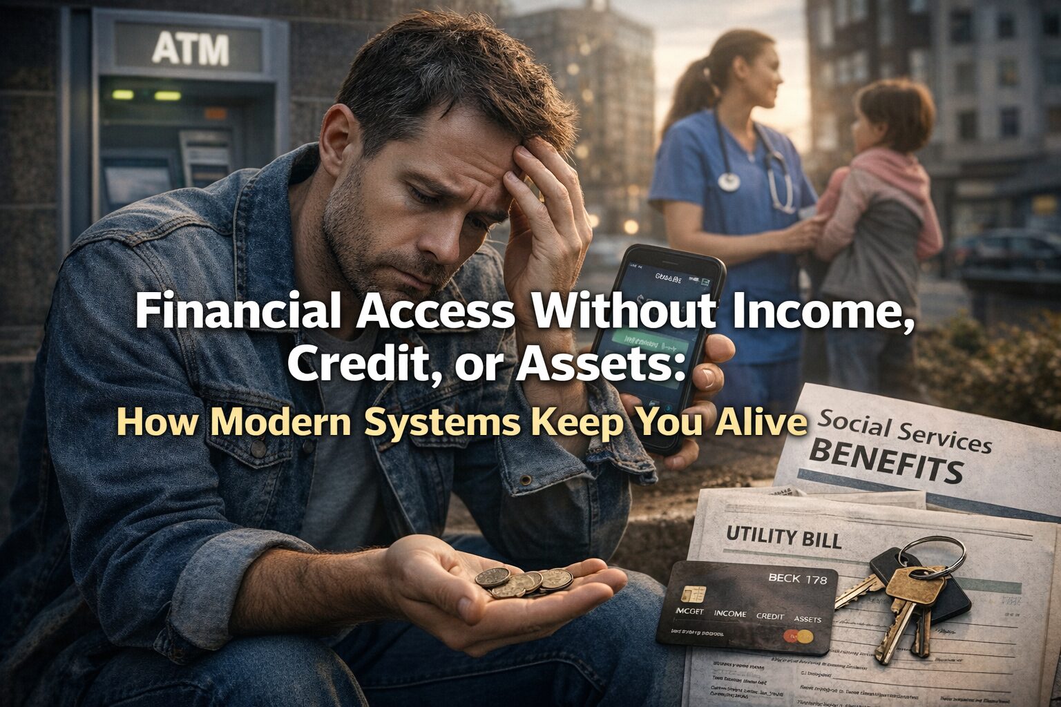 Man facing financial stress holding coins while accessing digital banking and social support systems in modern society