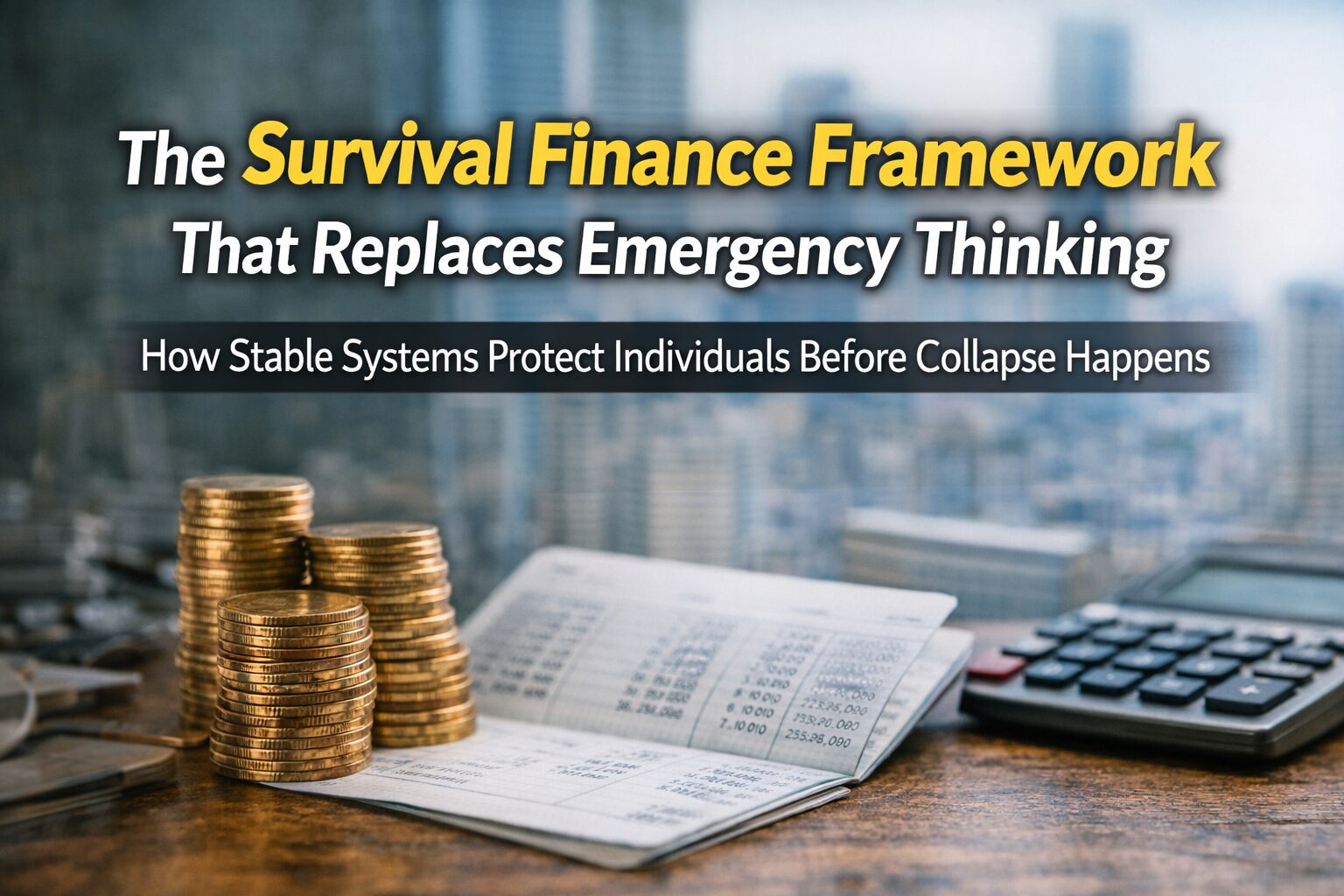 Survival finance framework illustration with stacked coins, financial records, and calculator representing government and bank protection systems for long-term financial stability.