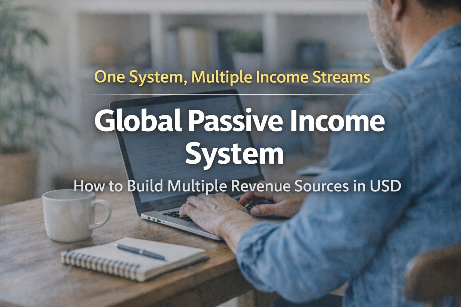 A real-life photo of a person working on a laptop at a desk, overlaid with the text “Global Passive Income System” and “One System, Multiple Income Streams,” illustrating a long-term, scalable digital income framework.
