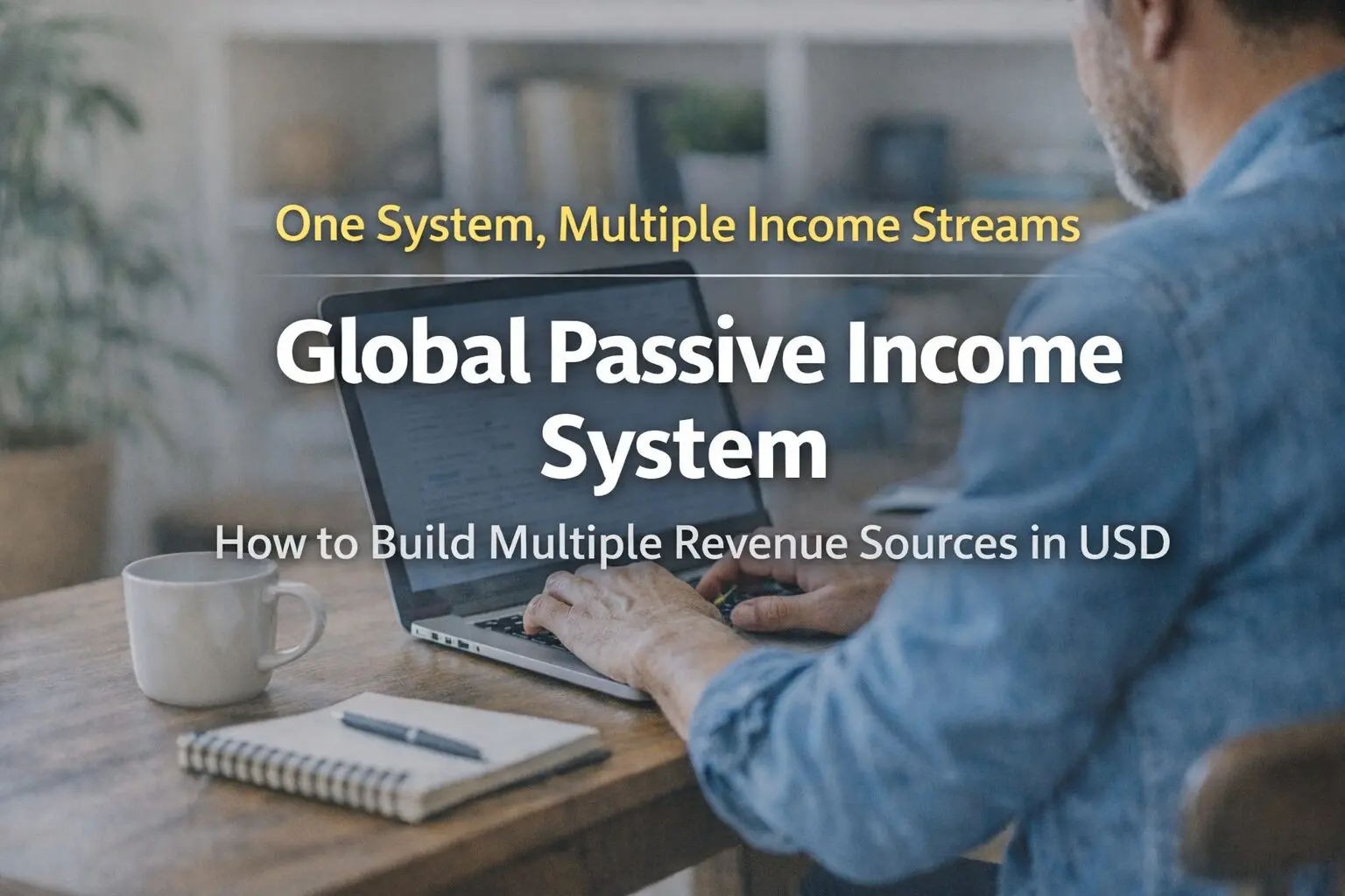 A real-life photo of a person working on a laptop at a desk, overlaid with the text “Global Passive Income System” and “One System, Multiple Income Streams,” illustrating a long-term, scalable digital income framework.