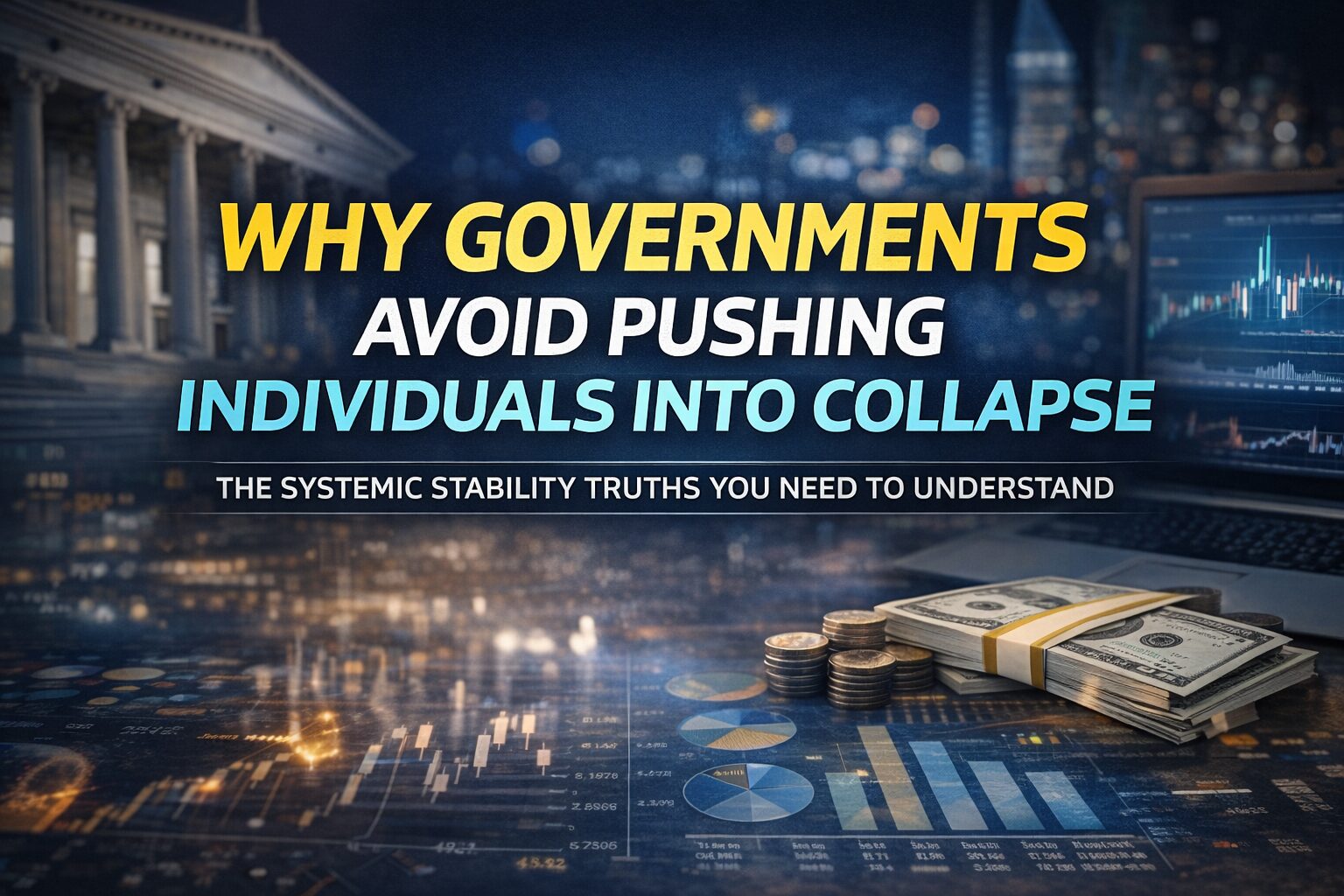 Financial-themed image showing a government building, stock market charts, a laptop displaying market data, and stacks of cash with the headline “Why Governments Avoid Pushing Individuals Into Collapse,” symbolizing systemic stability, credit market protection, and macroeconomic resilience.