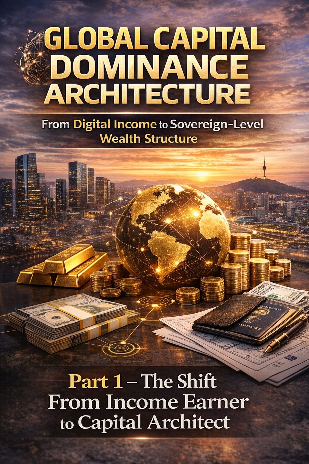 Premium financial visual featuring a global city skyline at sunset, gold bars, stacked currency, and an illuminated world globe network symbolizing multi-jurisdiction capital architecture and sovereign-level wealth structuring.