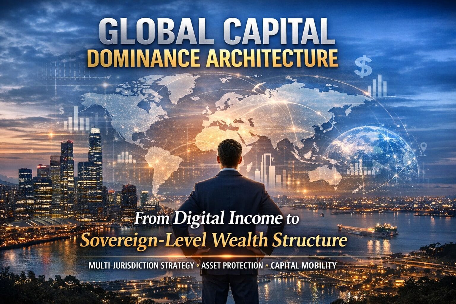 A strategic visual of global capital dominance showing a businessman facing an international city skyline with financial charts and world map overlay symbolizing asset protection, offshore holding structures, capital mobility, and multi-jurisdiction wealth architecture.
