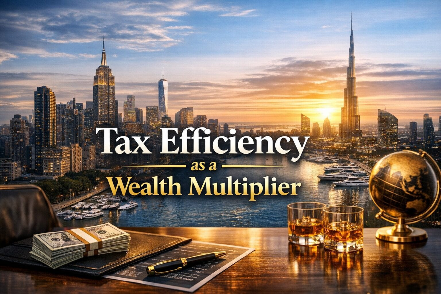 Global city skyline at sunset with luxury financial desk setup representing tax efficiency, capital retention strategy, multi-jurisdiction structuring, and sovereign-level wealth architecture.