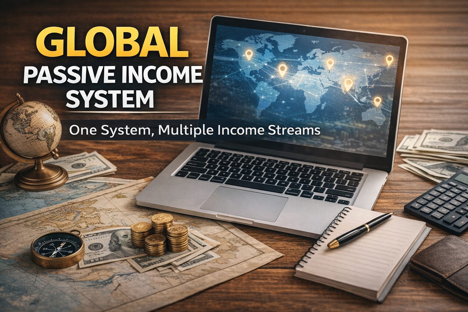 Global passive income system showing laptop with world map, online business tools, and digital income strategy concept