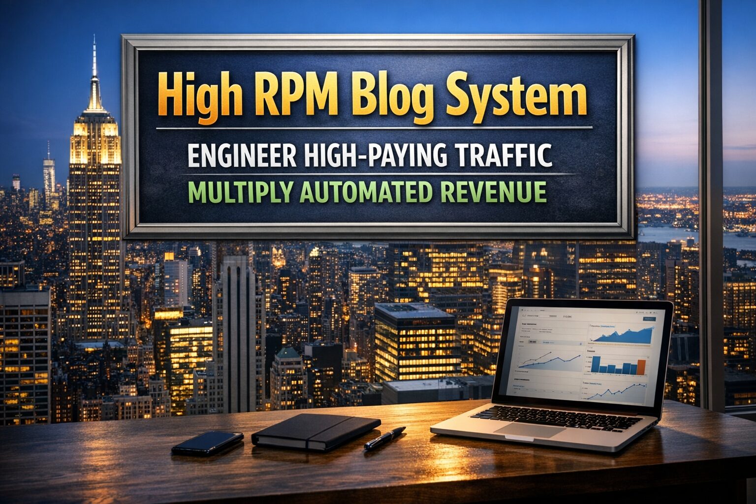 High RPM blog system dashboard showing automated ad revenue growth and global traffic analytics