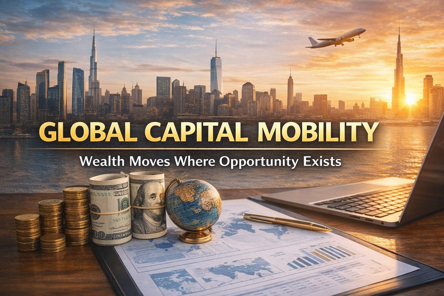 Global capital mobility strategy concept showing international financial markets, currency diversification, and worldwide investment positioning for long-term wealth architecture.