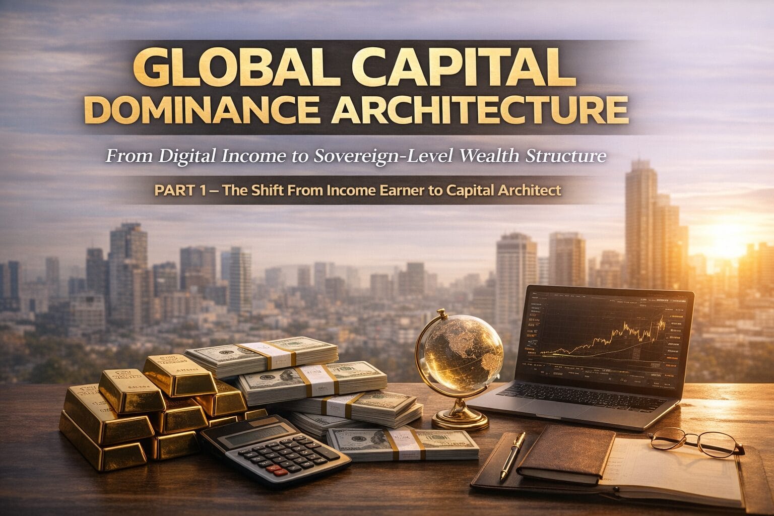 A sovereign-level wealth positioning visual that symbolizes the transition from digital income to structured global capital. The image represents multi-jurisdiction strategy, asset protection, tax optimization, capital mobility, and institutional wealth governance through financial instruments, global elements, and a modern metropolitan backdrop. Strategic Tone: Institutional, global, authoritative, high-net-worth positioning. Target Audience Signal: International investors, digital entrepreneurs, global business operators, wealth architects.