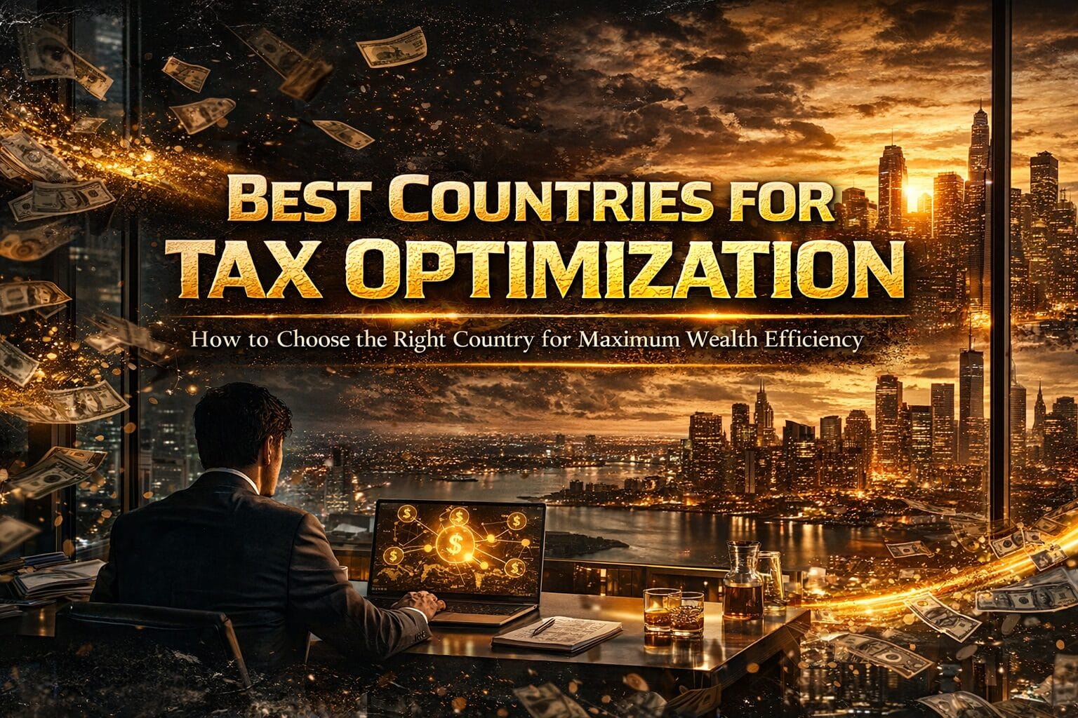 A high-level financial strategy image illustrating global tax optimization, showing how choosing the right country and tax system can reduce tax burden, improve income efficiency, and accelerate long-term wealth growth through structured global income planning.