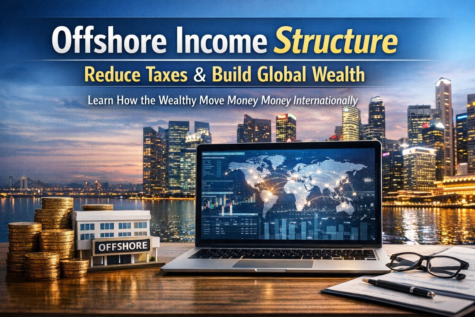 Offshore income structure showing global tax optimization, international money flow, and digital income system across multiple countries
