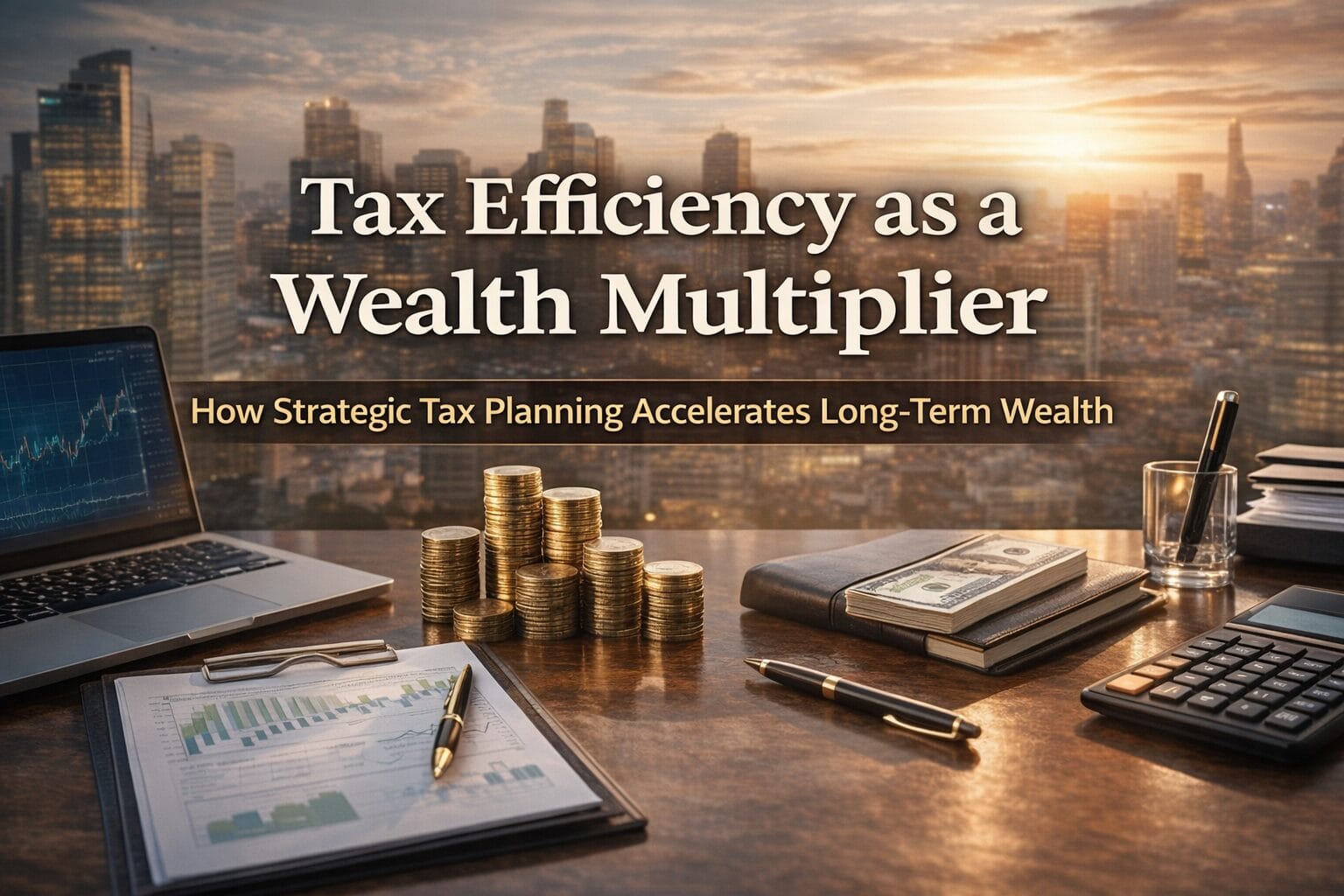 Tax efficiency as a wealth multiplier concept showing strategic tax planning, financial analysis tools, investment charts, and capital growth planning for long-term global wealth building.