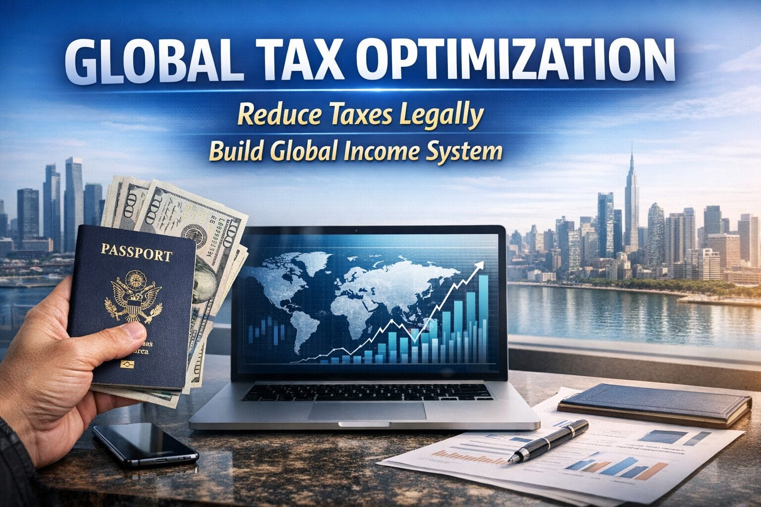 A person working on a laptop displaying financial growth charts with a smartphone showing short-form video content, representing a global digital cashflow system and scalable passive income strategy