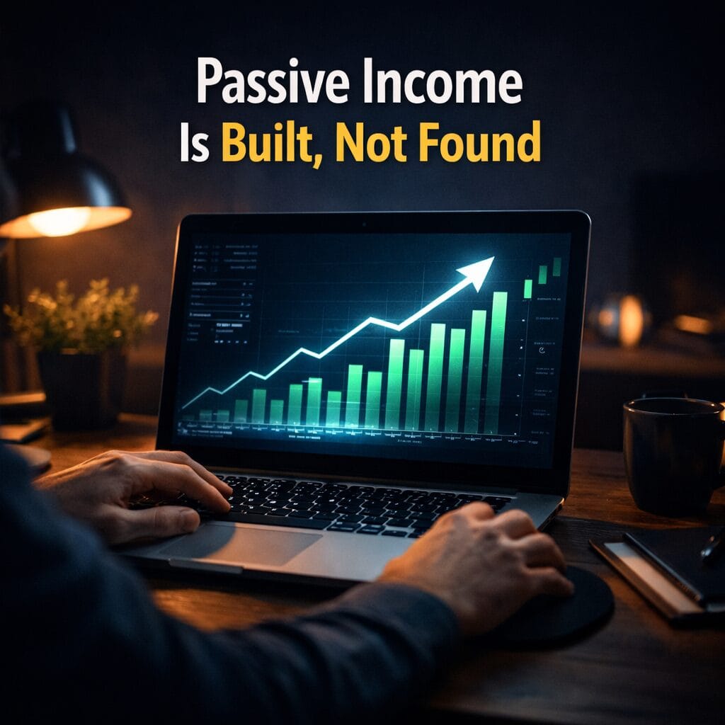 person building passive income online using laptop with financial growth chart in a dark workspace