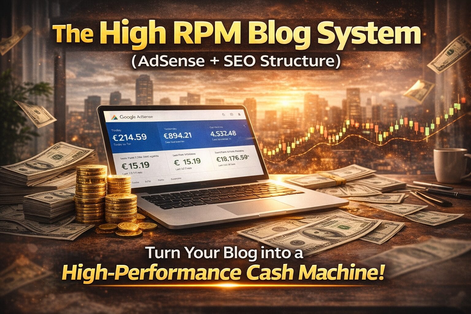 A realistic scene showing a laptop displaying AdSense earnings, surrounded by money, charts, and a city skyline, representing a high RPM blog system that generates passive income through SEO traffic and monetization structure.