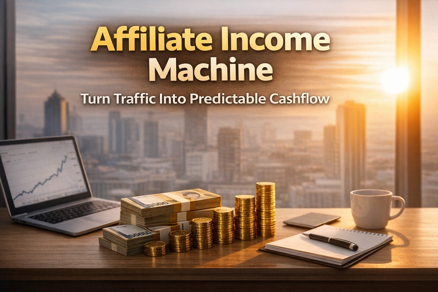 A professional affiliate marketing workspace showing money, coins, and a laptop with a rising graph, representing a structured system that converts traffic into predictable income.