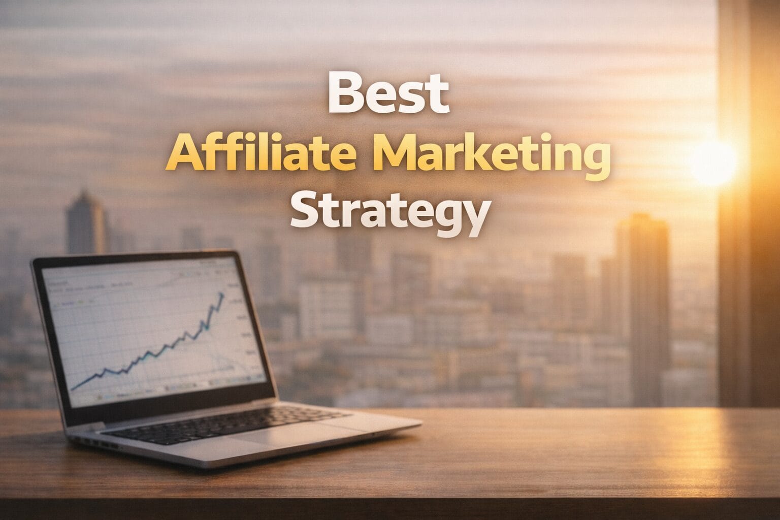 A laptop displaying a rising graph on a desk with a city background, representing a high-conversion affiliate marketing strategy and scalable income system.