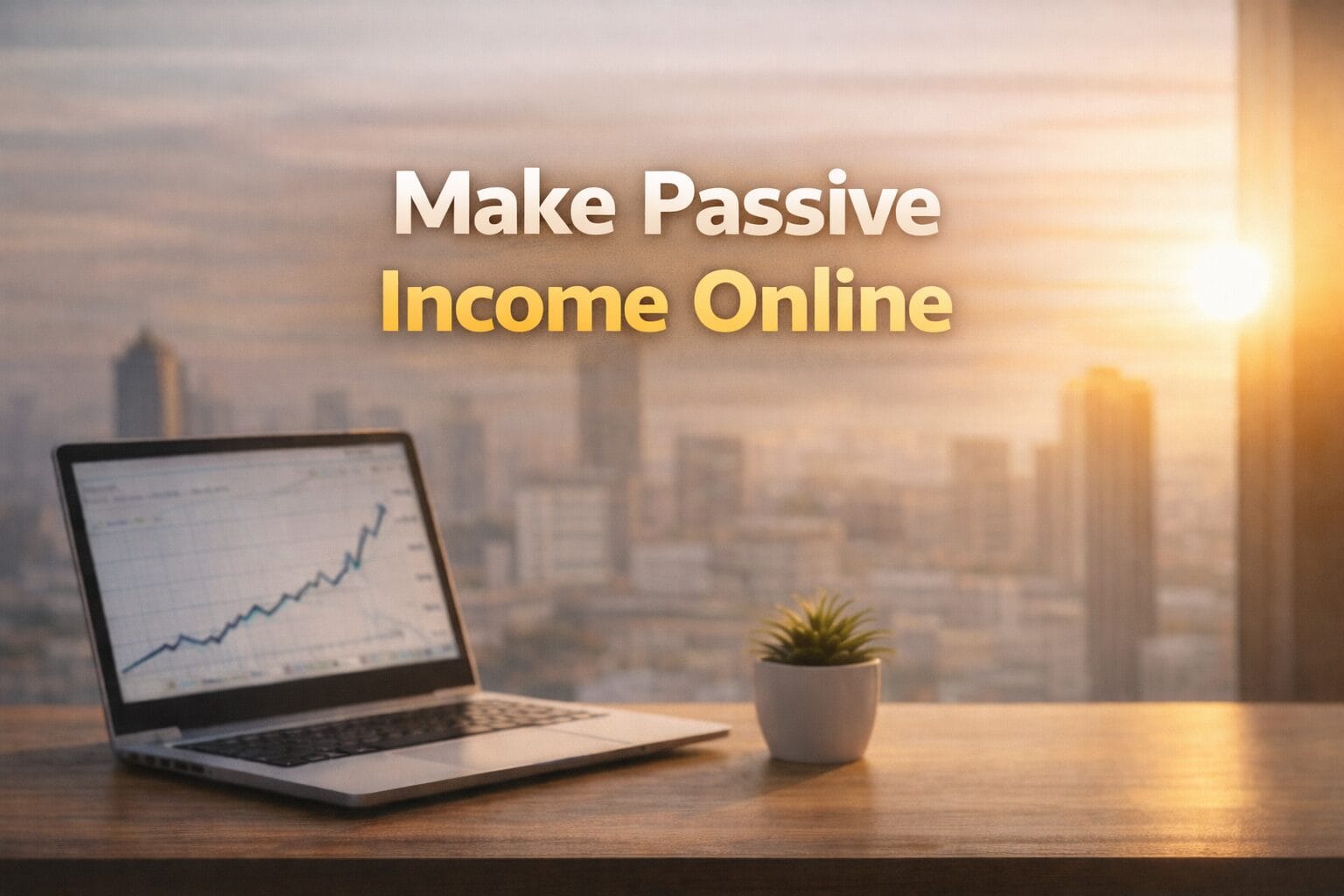 A laptop showing a rising graph on a desk with a city background, symbolizing building passive income online and automated digital earnings.