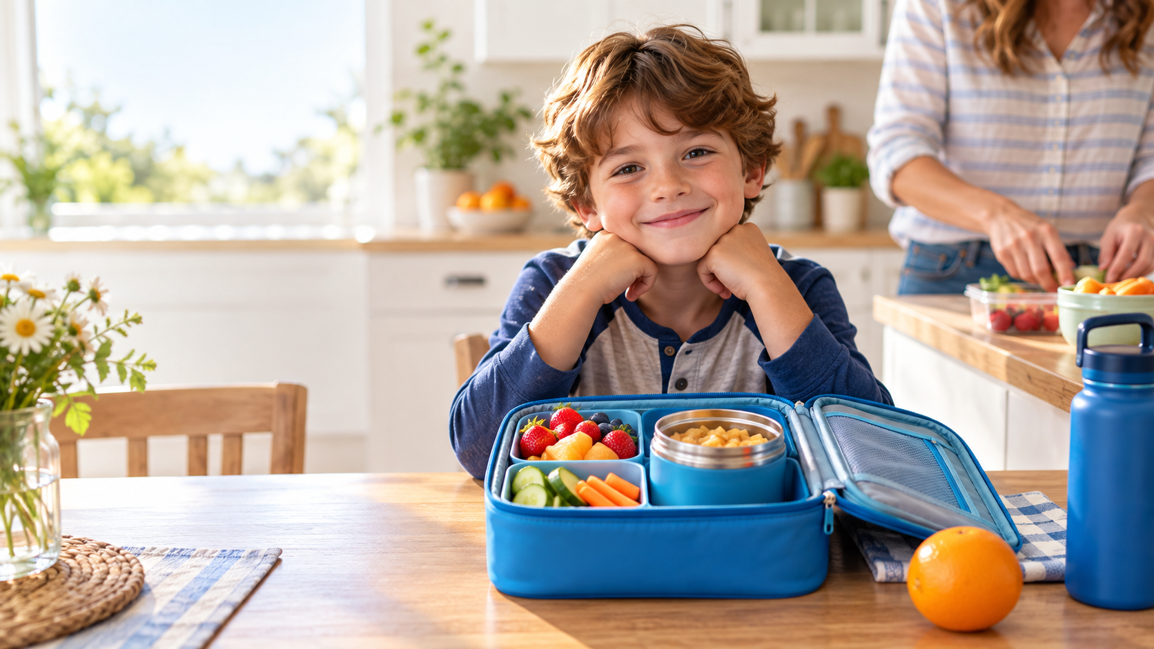 Happy child with an organized kids lunch box for school