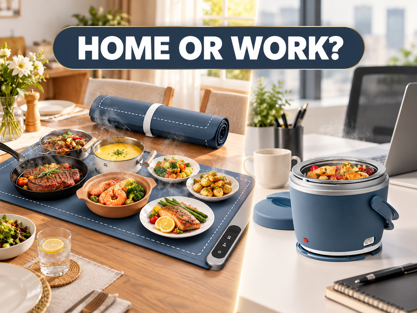 Food warming mat for family meals compared with a portable electric lunch box for work