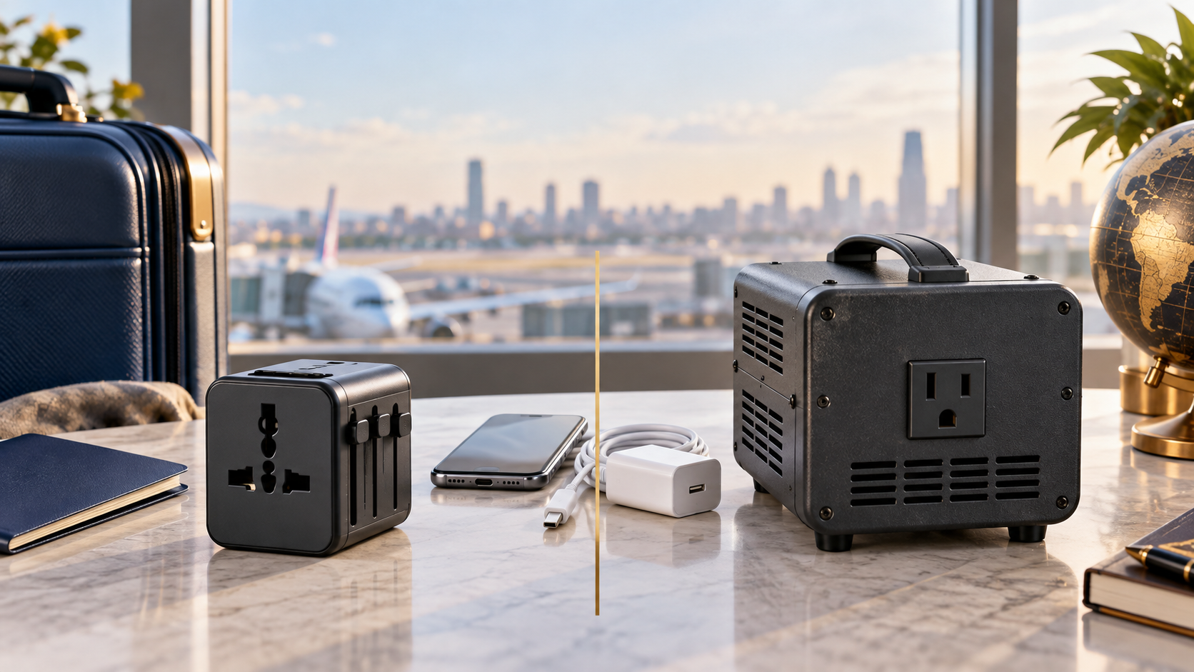 Travel plug adapter and voltage converter side by side on a desk before an international flight