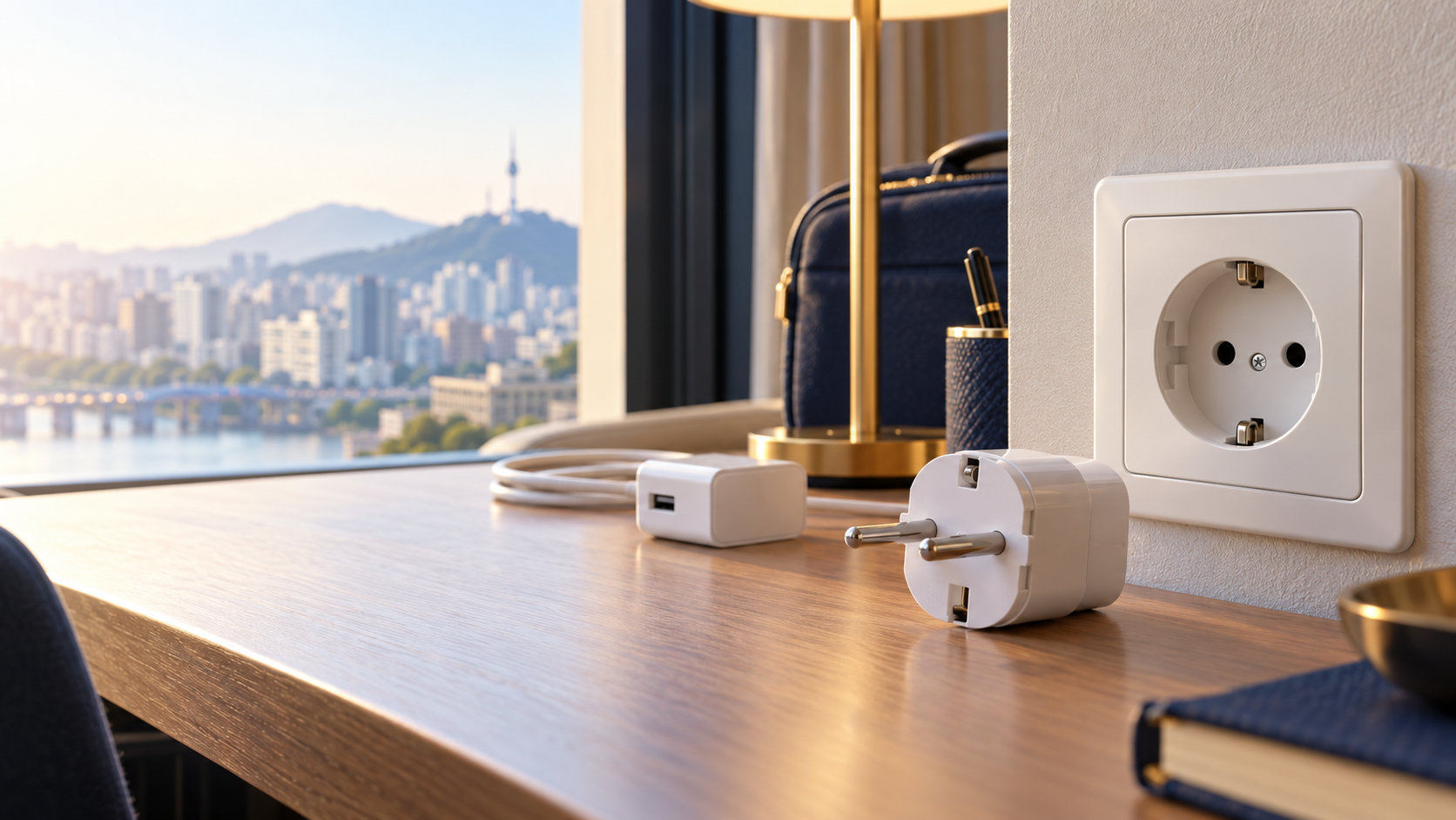 Travel adapter beside a South Korean power outlet in a Seoul hotel
