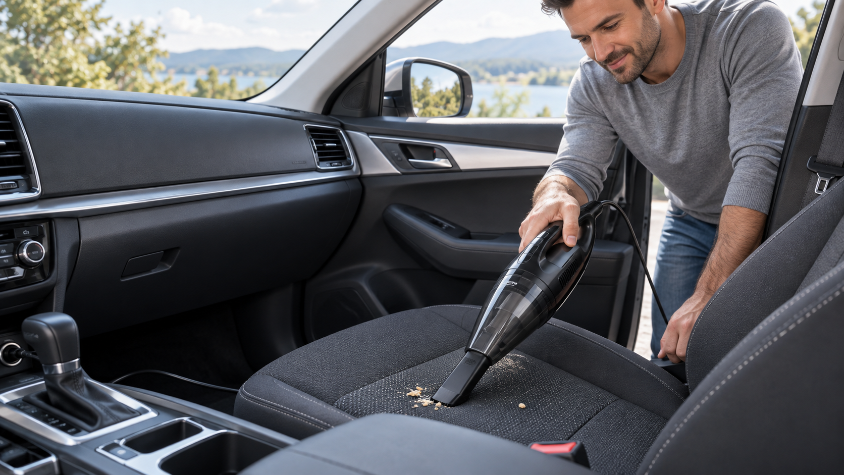 Portable handheld car vacuum cleaning crumbs from a clean car seat