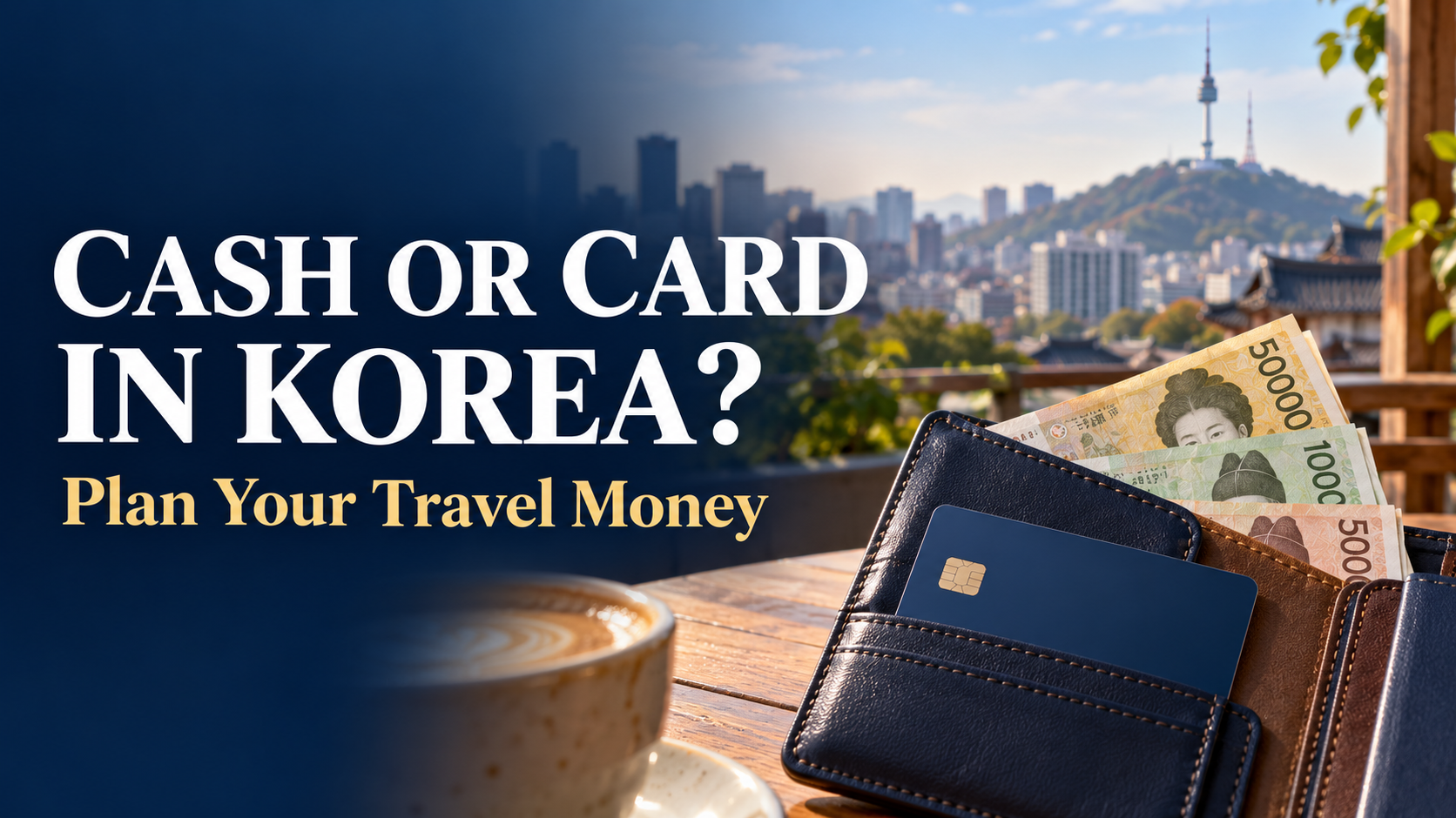 Wallet with Korean won banknotes and a payment card, with the Seoul skyline in the background.