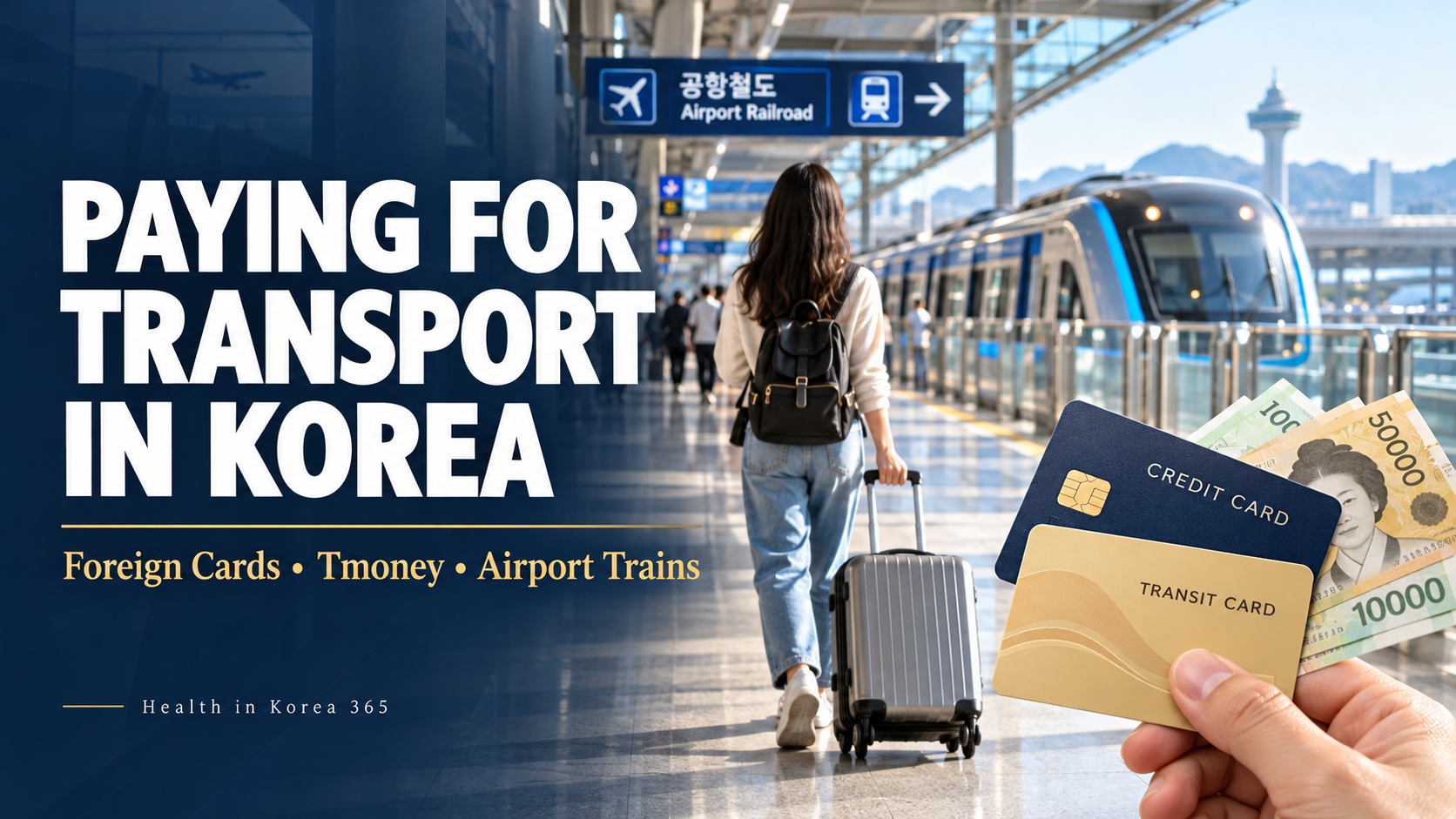 Traveler with luggage at an airport railway station, with a credit card, transit card, and Korean won in the foreground.